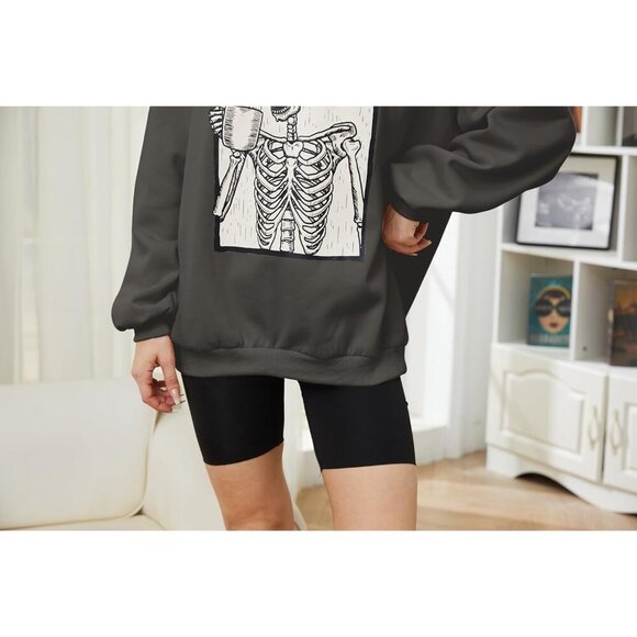 Halloween Skull Graphic Fleece Oversized Sweatshirt Crewneck Long Sleeve - Picture 6 of 6